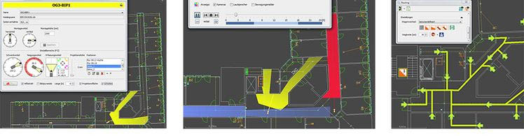 Screenshots: Simulation von Wirkbereichen und Fluchtwegerstellung Screenshots: Simulation von Wirkbereichen und Fluchtwegerstellung