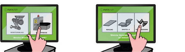 Problem solution via touch screen: "Which machine is malfunctionin?" and "Which process is interrupted?“ 