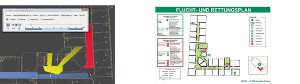 Left: Simulation of the surveillance areas during the day | Right: Automatically generated escape and rescue plan